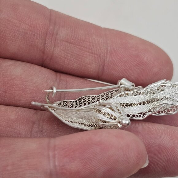925 Silver Floral Filigree Brooch Tulip Flowers Leaf Vintage Pin Hook C Closure - Picture 3 of 9